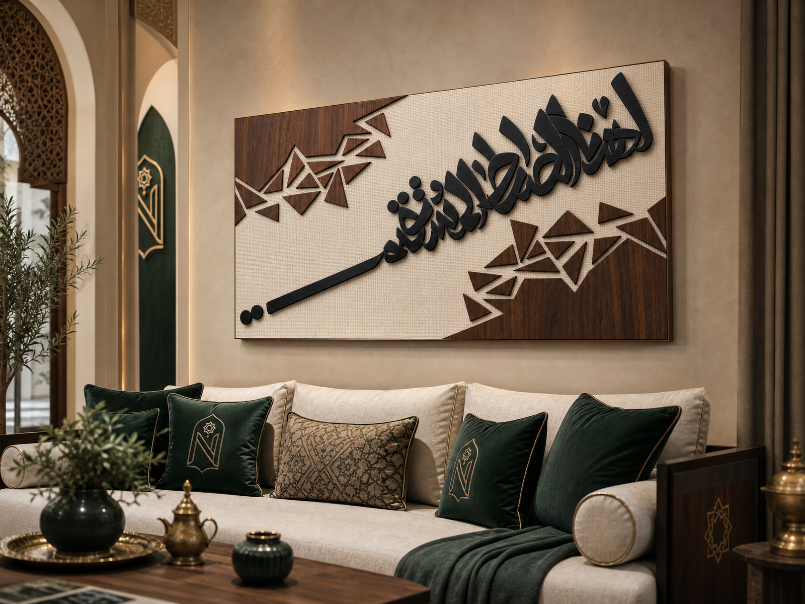 تابلو Noraliza بالخط العربي داخل صالون مغربي عصري