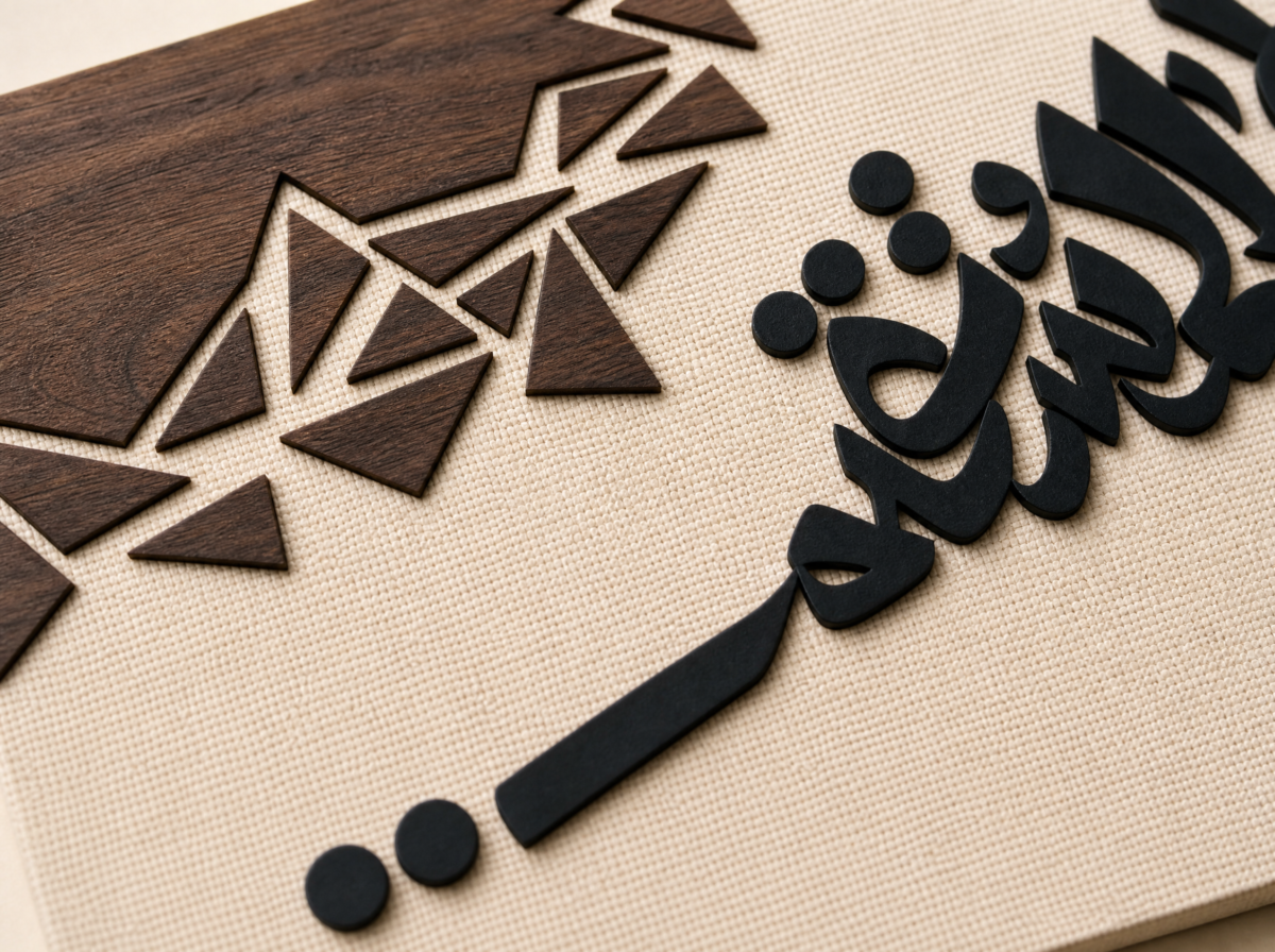 Détail du tissu ivoire tissé, de la finition noyer et de la calligraphie noire mate en relief
