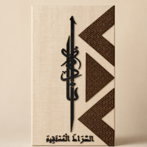 Tableau mural islamique اهْدِنَا الصِّرَاطَ الْمُسْتَقِيمَ avec calligraphie arabe noire en relief sur fond ivoire tissé et éléments géométriques walnut