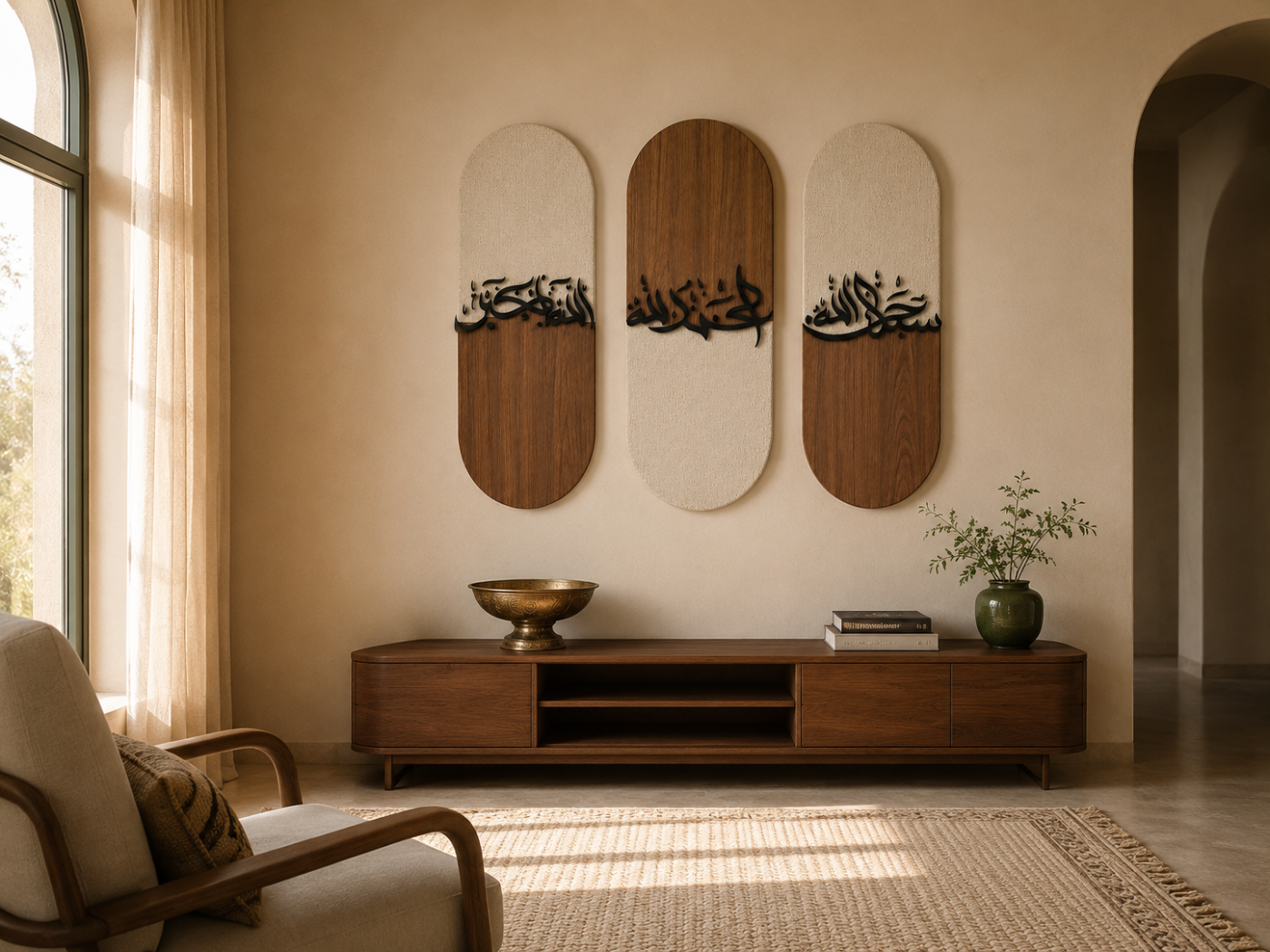 نفس المكان بعد إضافة Triptyque mural islamique Dhikr – Calligraphie arabe relief ivoire et walnut